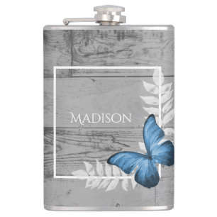 Blue Butterfly Rustic Flask