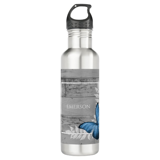 Blue Butterfly Rustic Personalised 710 Ml Water Bottle (Front)