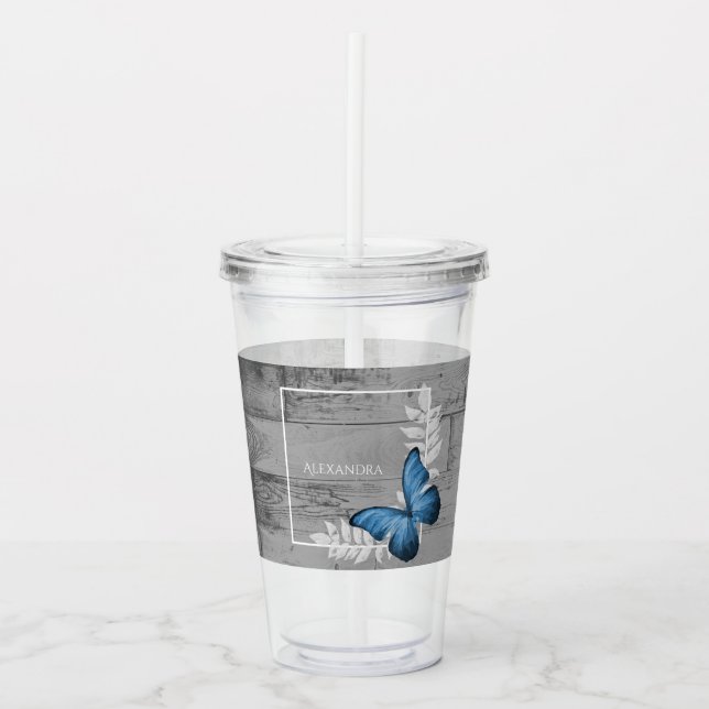 Blue Butterfly Rustic Personalised Acrylic Tumbler (Front)