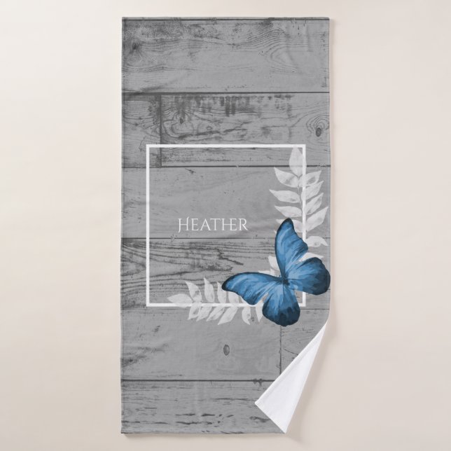 Blue Butterfly Rustic Personalised Bath Towel Set (Bath Towel)