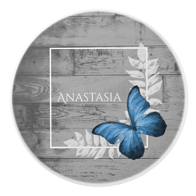 Blue Butterfly Rustic Personalised Ceramic Knob (Front)