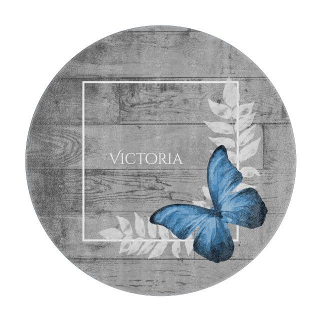 Blue Butterfly Rustic Personalised Cutting Board (Front)