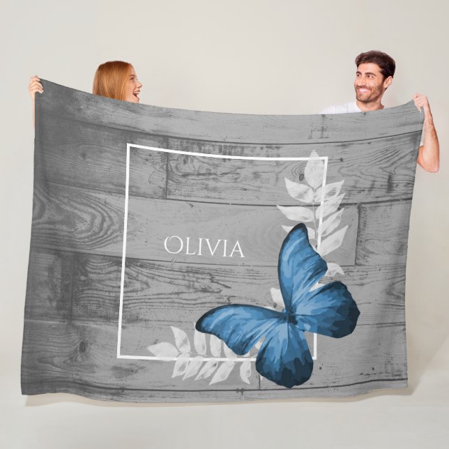 Blue Butterfly Rustic Personalised Fleece Blanket (In Situ)