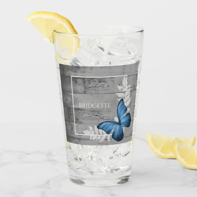 Blue Butterfly Rustic Personalised Glass (Front Ice)