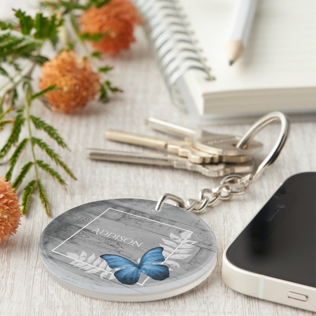 Blue Butterfly Rustic Personalised Keychain (Front Right)