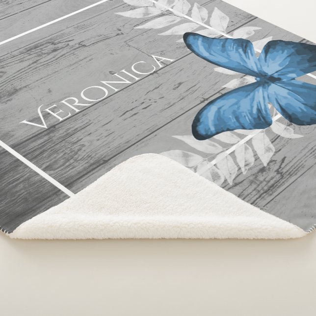 Blue Butterfly Rustic Personalised Sherpa Blanket (3/4)