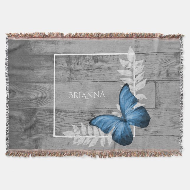 Blue Butterfly Rustic Personalised Throw Blanket (Front)