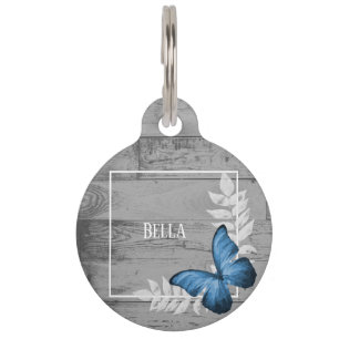 Blue Butterfly Rustic Round Pet Tag