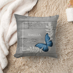 Blue Butterfly Rustic Throw Pillow