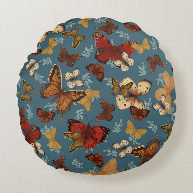 blue Butterfly seamless pattern Round Cushion (Front)