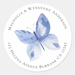 Blue Butterfly Simple Return Address  Classic Round Sticker