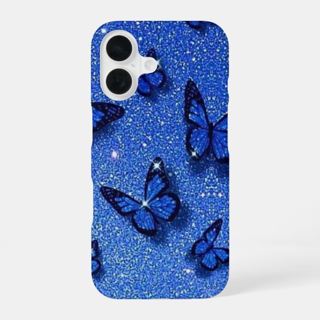 Blue Butterfly Sparkle Glitter Aesthetic iPhone 16 Case (Back)