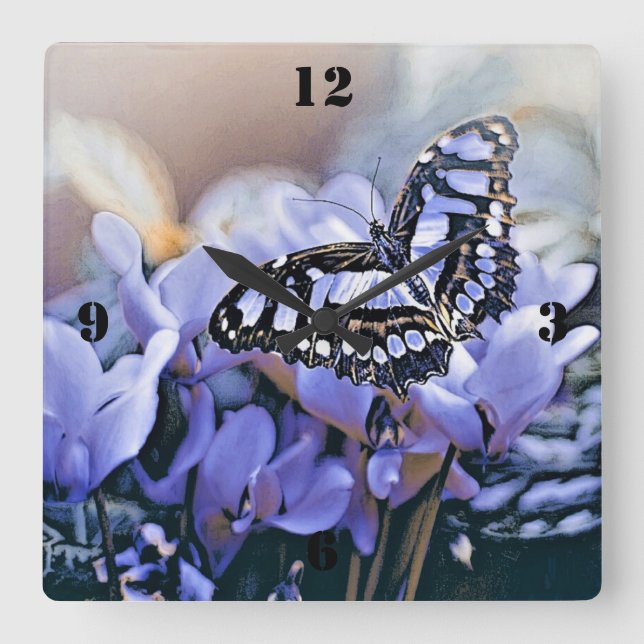 Blue Butterfly Square Wall Clock (Front)