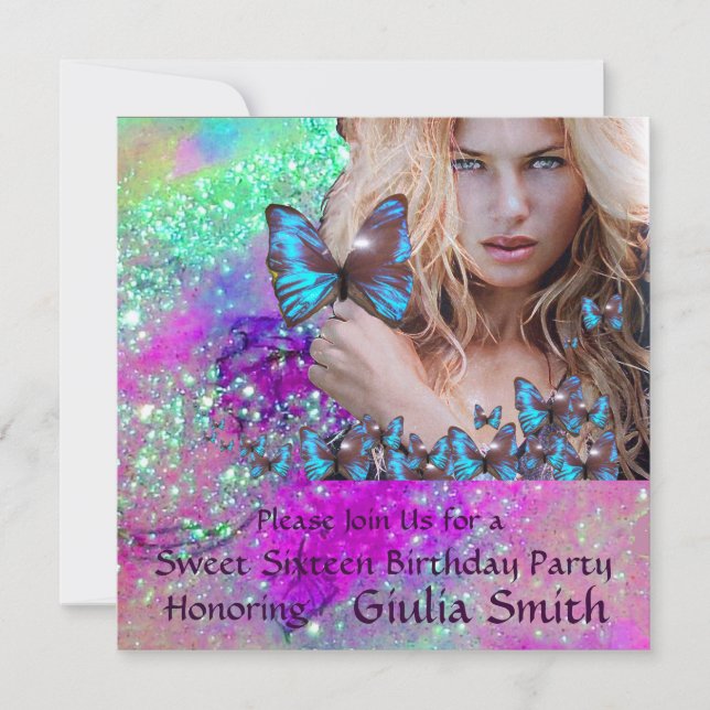 BLUE BUTTERFLY SWEET 16 PARTY  MONOGRAM,Champagne Invitation (Front)