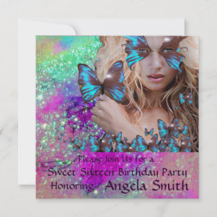 BLUE BUTTERFLY SWEET 16 PARTY  MONOGRAM,Champagne Invitation