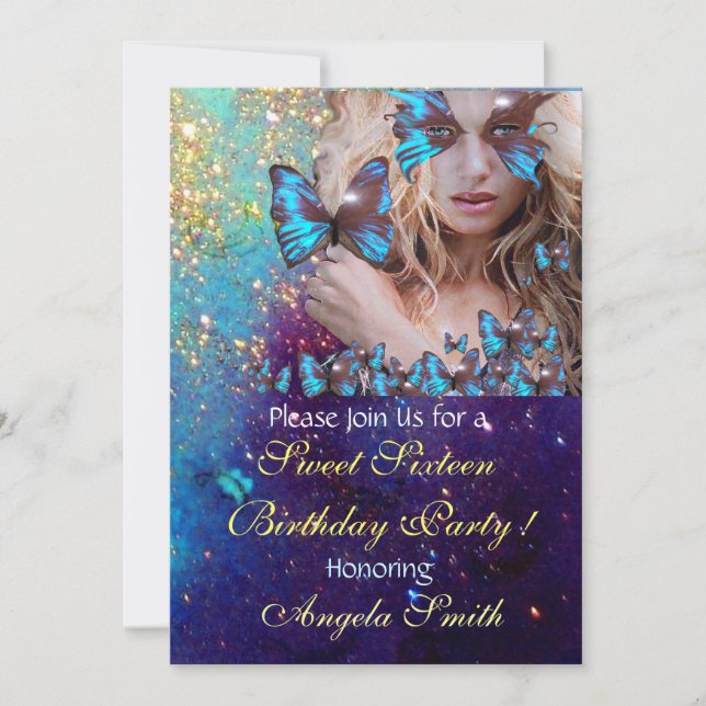 BLUE BUTTERFLY SWEET 16 PARTY  MONOGRAM,GOLD INVITATION (Front)