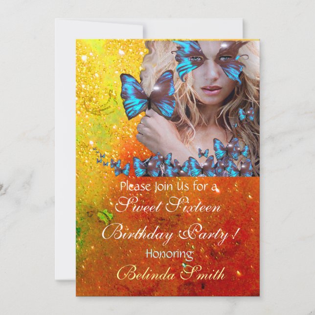BLUE BUTTERFLY SWEET 16 PARTY  MONOGRAM,GOLD INVITATION (Front)