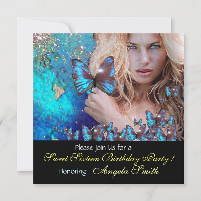 BLUE BUTTERFLY SWEET 16 PARTY  MONOGRAM,GOLD INVITATION (Front)