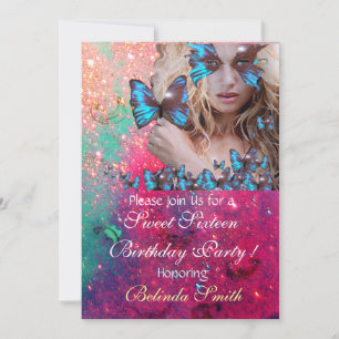 BLUE BUTTERFLY SWEET 16 PARTY MONOGRAM,GOLD INVITATION