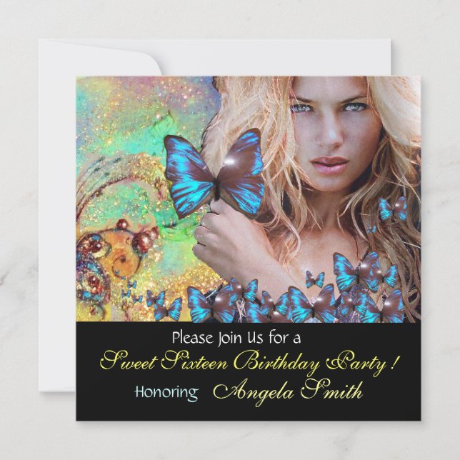 BLUE BUTTERFLY SWEET 16 PARTY  MONOGRAM INVITATION (Front)