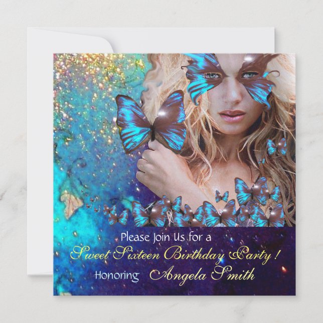 BLUE BUTTERFLY SWEET 16 PARTY  MONOGRAM INVITATION (Front)