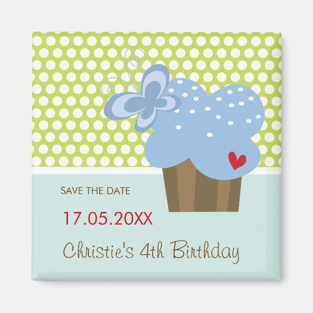 Blue Butterfly Sweet Cupcake Kid's Birthday Party Magnet (Front)