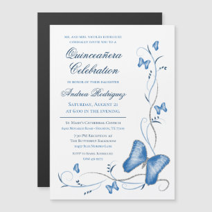 Blue Butterfly & Swirls Quinceañera Magnetic Invitation
