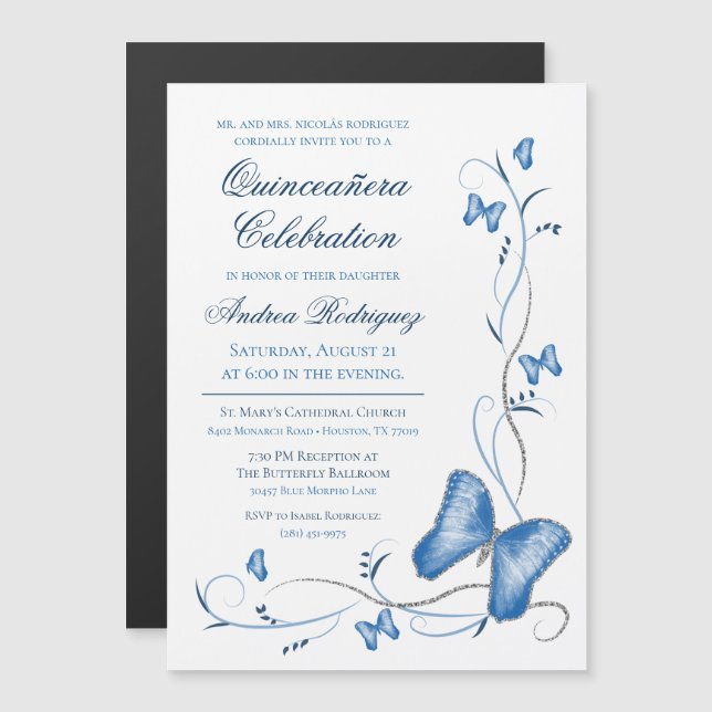 Blue Butterfly & Swirls Quinceañera Magnetic Invitation (Front/Back)