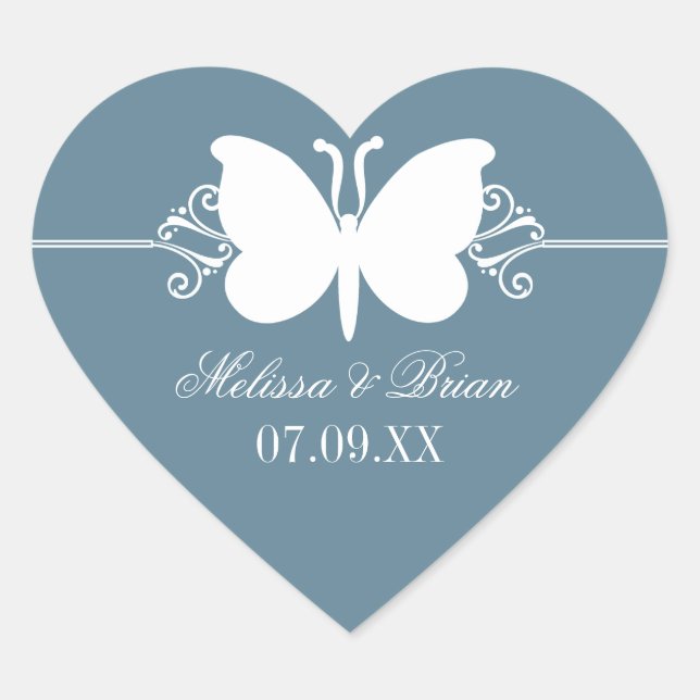 Blue Butterfly Swirls Wedding Stickers (Front)