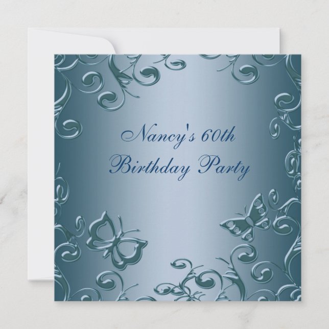 Blue Butterfly Swirls Womans 60th Birthday Party Invitation (Front)