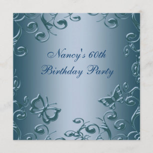 Blue Butterfly Swirls Womans 60th Birthday Party Invitation