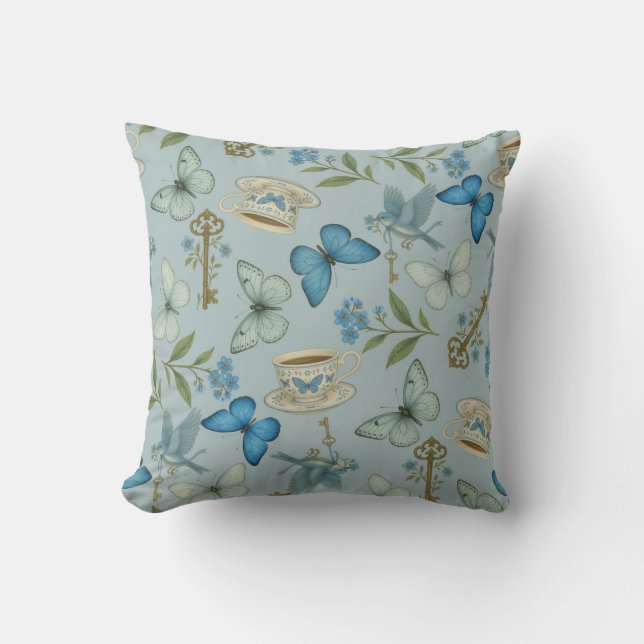 Blue Butterfly Tea Garden Pattern Cushion (Front)