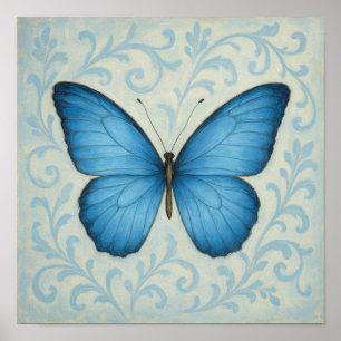 Blue Butterfly & Victorian Scrolls Square Poster