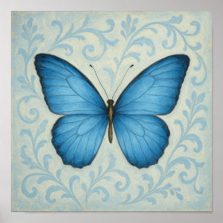 Blue Butterfly & Victorian Scrolls Square Poster