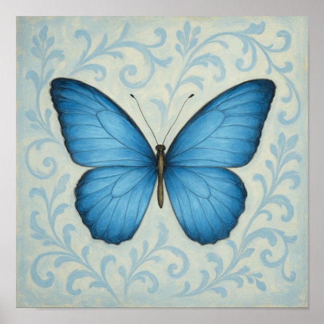 Blue Butterfly & Victorian Scrolls Square  Poster (Front)