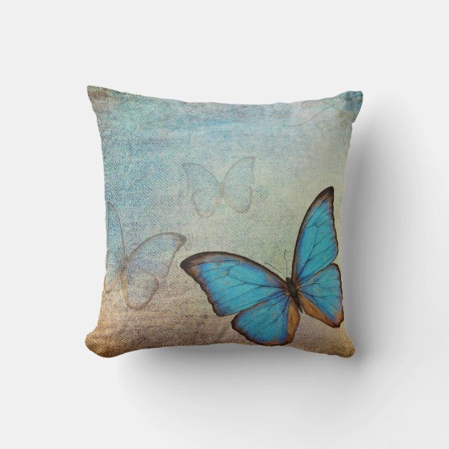 Blue Butterfly Vintage Pillow (Front)