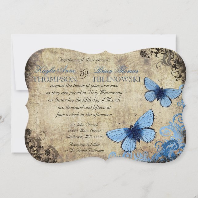 Blue Butterfly Vintage Wedding Invitation (Front)
