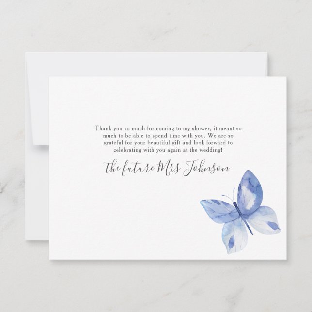 Blue Butterfly Watercolor Pattern Bridal Shower Thank You Card (Front)