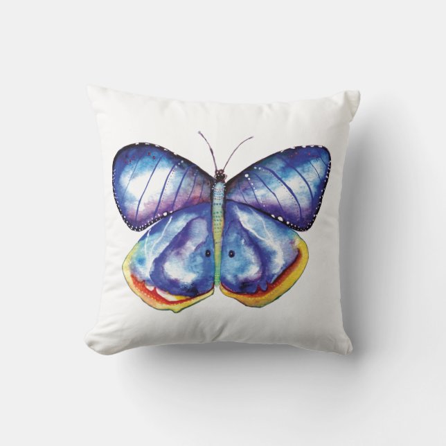 Blue Butterfly Watercolor Throw Cushion (Front)