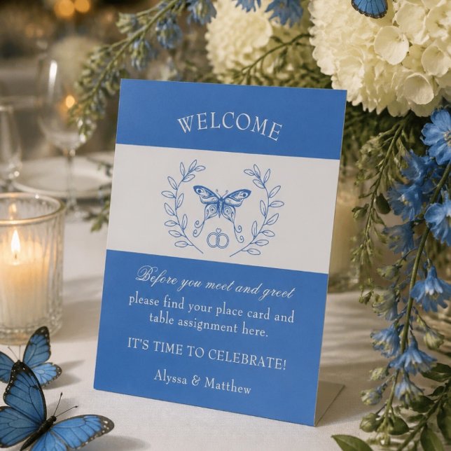 Blue Butterfly Wedding Place Card Tabletop Sign (Creator Uploaded)