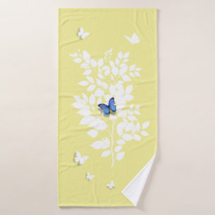 Blue Butterfly white leafy branch  Bath Towel
