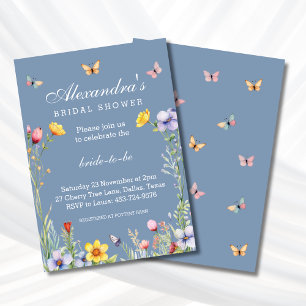 Blue Butterfly Wildflower Spring Bridal Shower Invitation