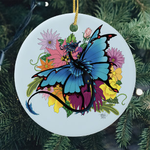 Blue Butterfly Winged Dragon Colourful Flowers Ceramic Tree Decoration