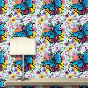 Blue Butterfly Winged Dragon Colourful Flowers Wallpaper