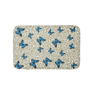 Blue Butterfly with Golden Leaves Bath Mat