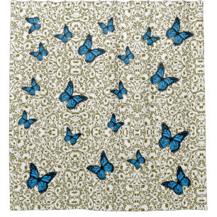Blue Butterfly with Golden Leaves  Shower Curtain