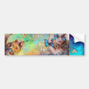 BLUE BUTTERFLY WITH GREEN GOLD SPARKLES BUMPER STICKER