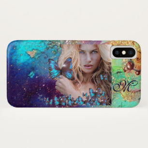 BLUE BUTTERFLY WITH GREEN GOLD SPARKLES MONOGRAM iPhone X CASE