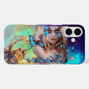 BLUE BUTTERFLY WITH GREEN GOLD SPARKLES MONOGRAM iPhone 16 PLUS CASE