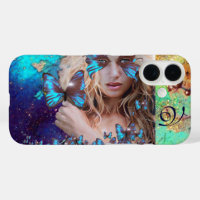 BLUE BUTTERFLY WITH GREEN GOLD SPARKLES MONOGRAM